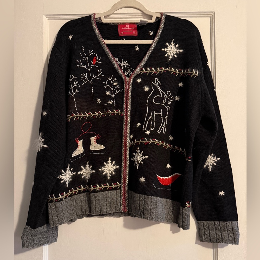 Vintage NorthCrest Ugly Christmas Zip Cardigan Sweater Snow Size XL